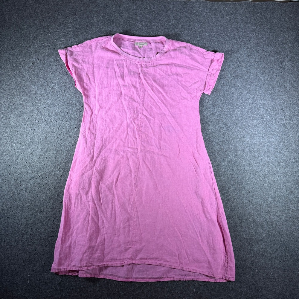 Flax Pink 100% Linen Short Sleeve Pockets Shift Dress Small Made in Lithuania